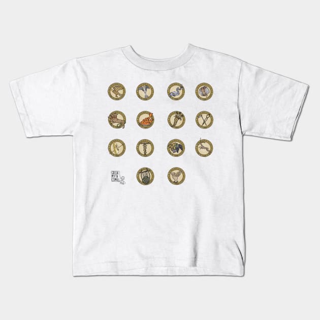 Greek Myth Comix - The Olympian Gods sacred symbols COLOUR Kids T-Shirt by GreekMythComix